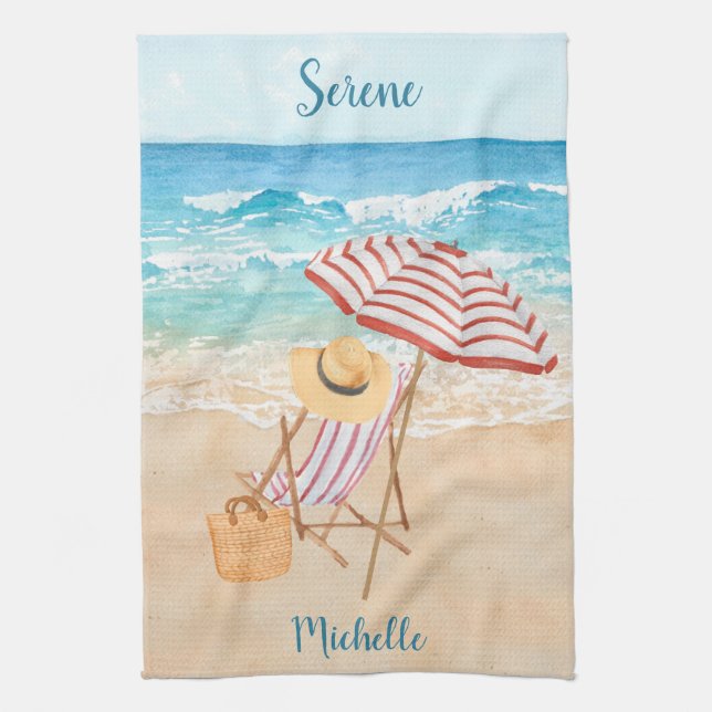 Linge De Cuisine Aquarelle Plage tropicale Personnaliser (Vertical)