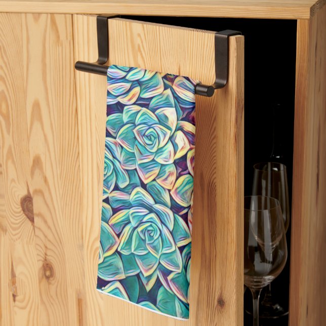 Linge De Cuisine Aquarelle Plante Succulente Stylisée (Pliage en tiers)