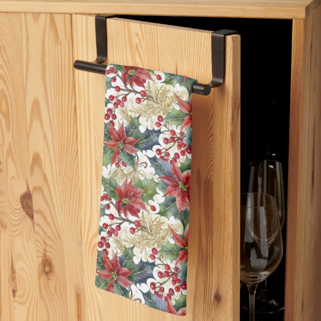 Linge De Cuisine Aquarelle poinsettia et saint motif Noël (Pliage en tiers)