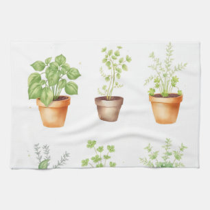 Linge De Cuisine Aquarelle Poted Herbs sur Arrière - plan crème