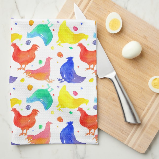 Linge De Cuisine Aquarelle Poulets Couleurs arc-en-ciel (Quart Plié)