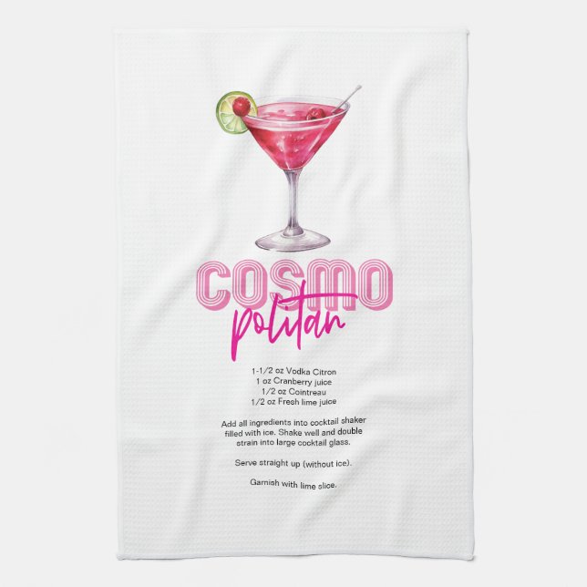 Linge De Cuisine Aquarelle rose Cocktail Recette Cosmopolite (Vertical)