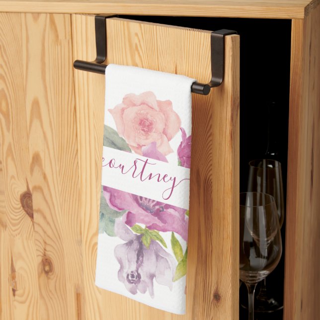 Linge De Cuisine Aquarelle rose et pêche florale personnalisée (Pliage en tiers)