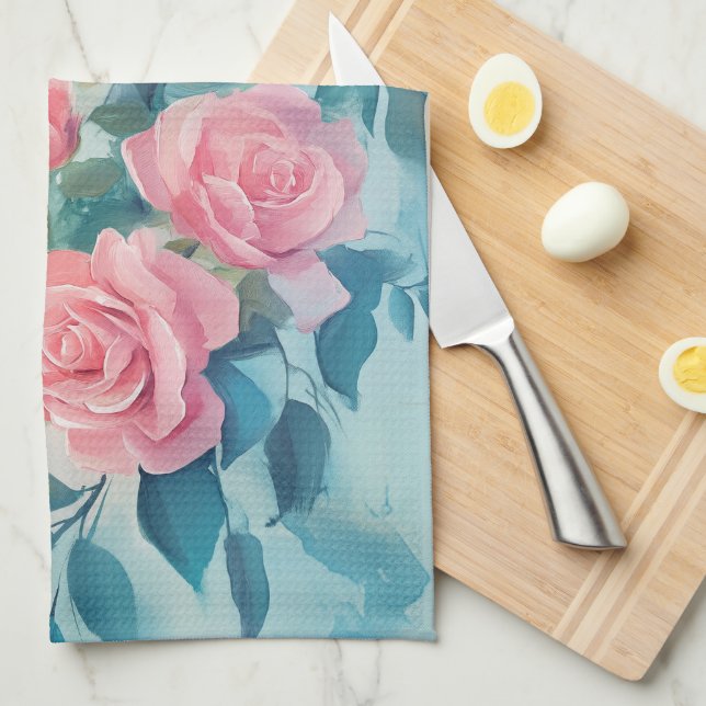 Linge De Cuisine Aquarelle rose Roses Élégante (Quart Plié)