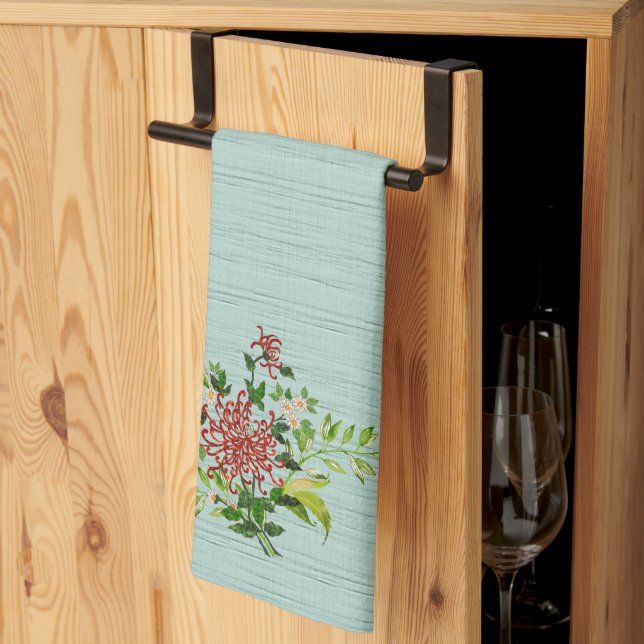 Linge De Cuisine Aquarelle Rouge Gerbera Daisy avec verdure (Pliage en tiers)