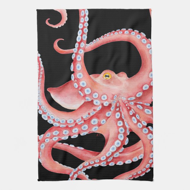 Linge De Cuisine Aquarelle rouge octopique en noir (Vertical)