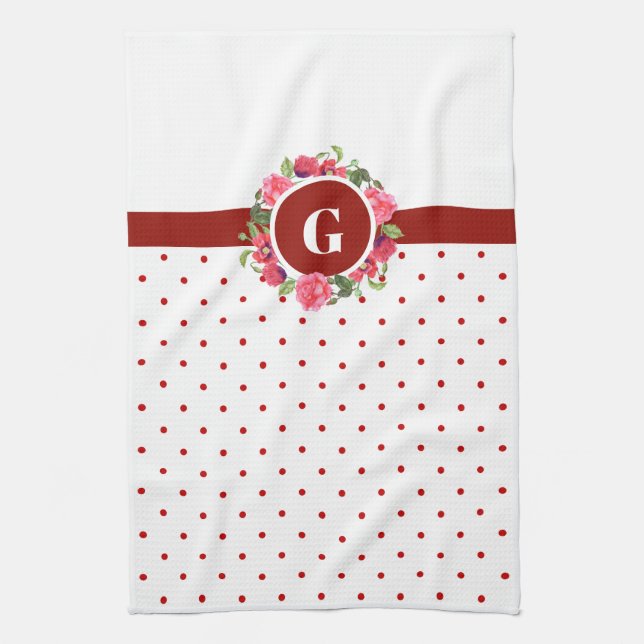 Linge De Cuisine Aquarelle Rouge Poppies Rose Rose Rose Wreath Mono (Vertical)