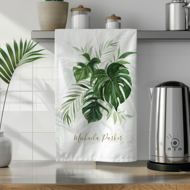 Linge De Cuisine Aquarelle Tropical Feuille Vert Personnalisé (Créateur téléchargé)