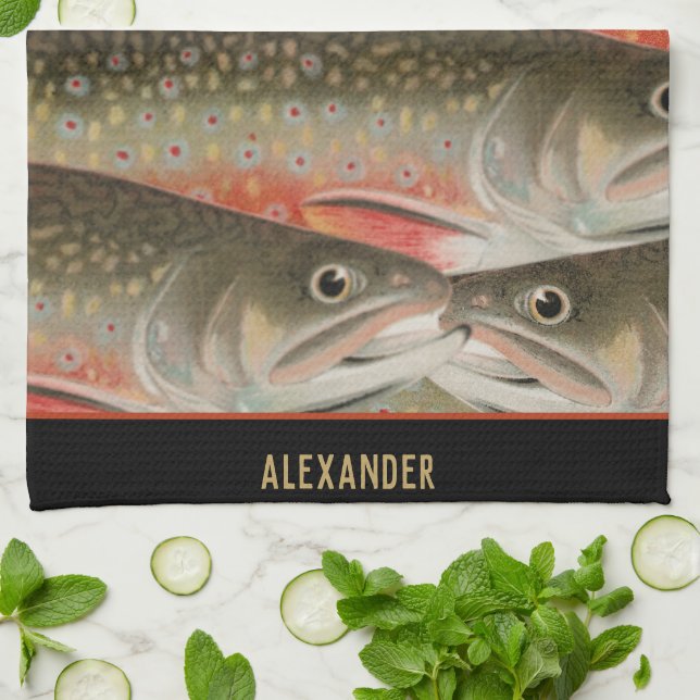 Linge De Cuisine Aquarelle truite Motif Chef pêcheur cuisinier (Plié)