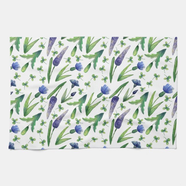 Linge De Cuisine Aquarelle vert bleu bleu rétro (Horizontal)