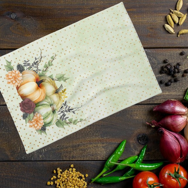 Linge De Cuisine Aquarelle verte Citrouille Gold Dots Automne (Créateur téléchargé)