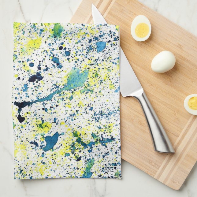 Linge De Cuisine Aquarelle verte, jaune et bleue Abstraite (Quart Plié)