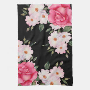 Linge De Cuisine Aquarelle Vibrant rose Roses blanches Moderne Noir