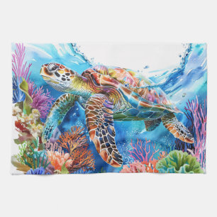Linge De Cuisine Aquarelle Vibrante Tortue marine