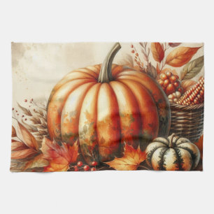Linge De Cuisine Aquarelle vintage des citrouilles et des feuilles