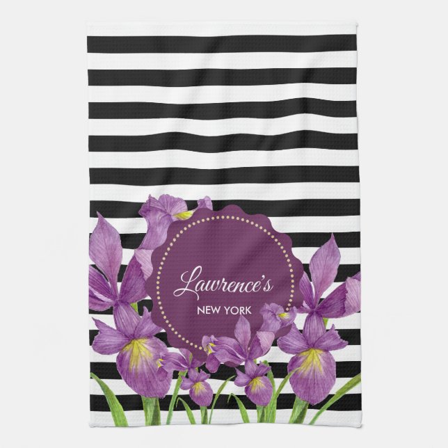 Linge De Cuisine Aquarelle violet Iris noir blanc Motif (Vertical)