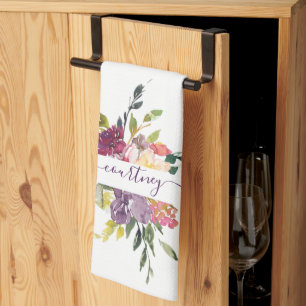 Linge De Cuisine Aquarelle violette et rouge florale personnalisée