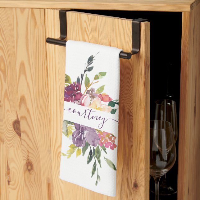 Linge De Cuisine Aquarelle violette et rouge florale personnalisée (Pliage en tiers)