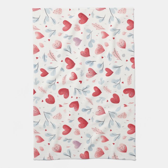 Linge De Cuisine Aquarelle Whimsical Coeurs et Motif Feuille (Vertical)