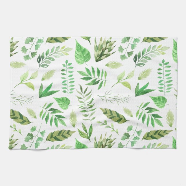 Linge De Cuisine Aquarelle Whimsical Feuille verdure | (Horizontal)