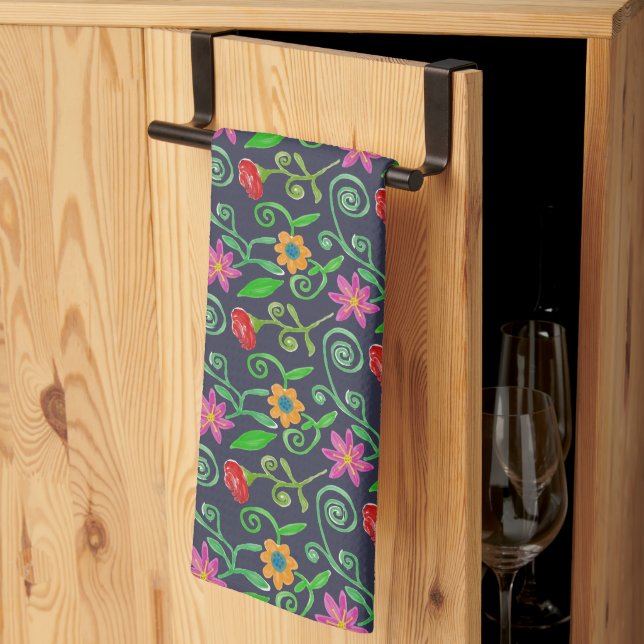 Linge De Cuisine Aquarelle Whimsical Floral Navy Bleu (Pliage en tiers)