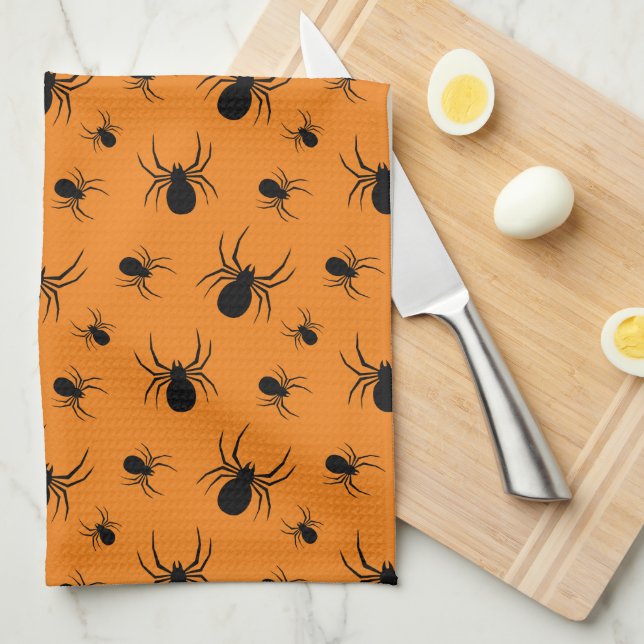 Linge De Cuisine Araignées Halloween motif noir et orange (Quart Plié)