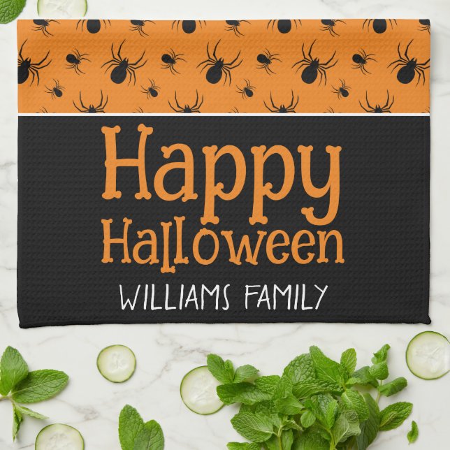 Linge De Cuisine Araignées Happy Halloween Black Orange Nom personn (Plié)