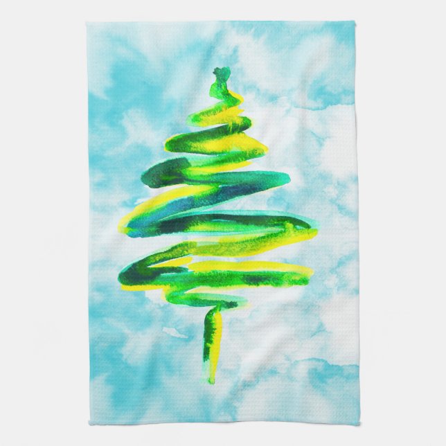 Linge De Cuisine Arbre de Noël bleu Aquarelle abstraite Cuisine (Vertical)