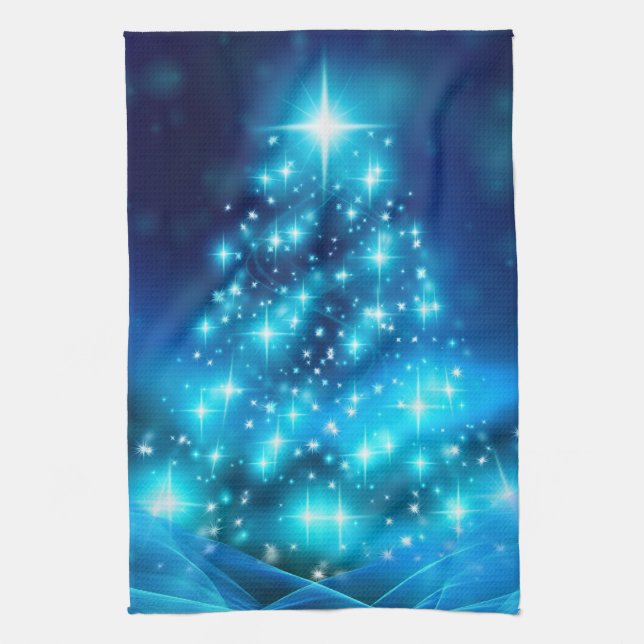 Linge De Cuisine Arbre de Noël bleu cool avec lumières étincelantes (Vertical)