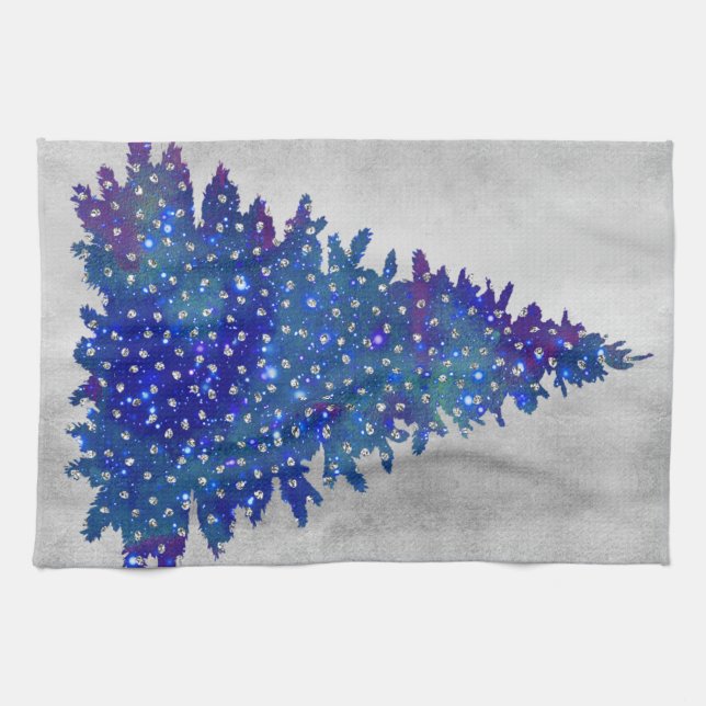 Linge De Cuisine Arbre de Noël bleu et pourpre d'aquarelle (Horizontal)
