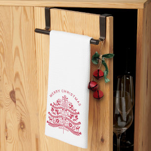 Linge De Cuisine Arbre de Noël d'art populaire scandinave rouge