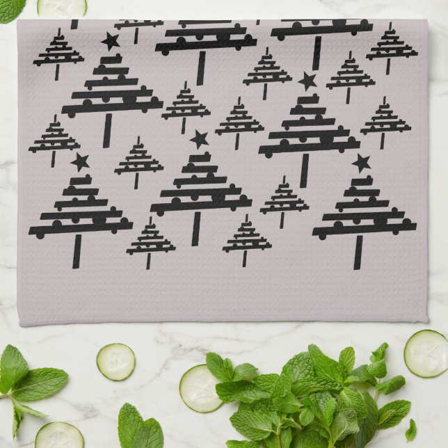 Linge De Cuisine Arbre de Noël moderne noir et beige Motif (Plié)