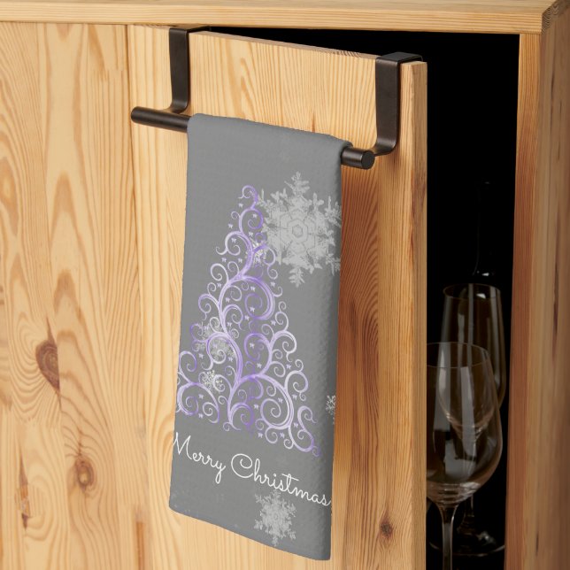 Linge De Cuisine Arbre de Noël pourpre et flocons de neige Serviett (Pliage en tiers)