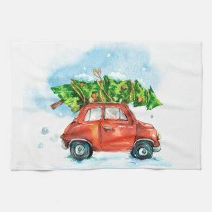 Linge De Cuisine Arbre de Noël sur voiture rouge emblématique plat