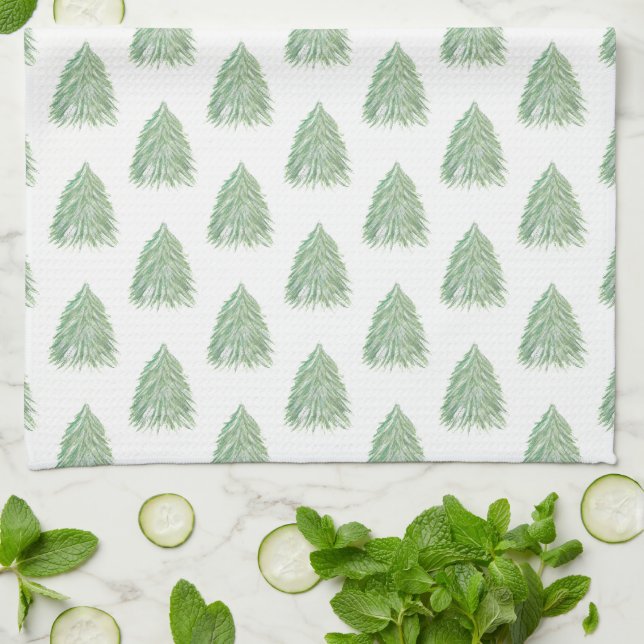 Linge De Cuisine Arbre de Noël Vert Motif Aquarelle Vacances Ki (Plié)
