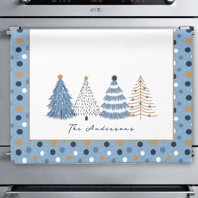 Linge De Cuisine Arbres Bleus Points Modernes Noël (Blue Trees Modern Dots Christmas Holiday Name Kitchen Towel)