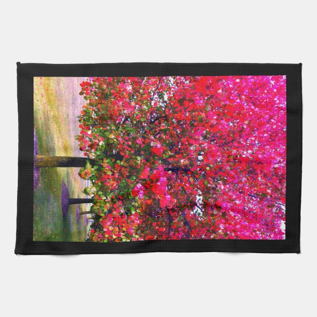 Linge De Cuisine Arbres d'automne feuilles roses impressionnistes (Horizontal)