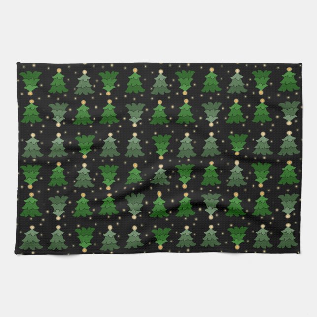 Linge De Cuisine Arbres de Noël avec étoiles en noir (Horizontal)