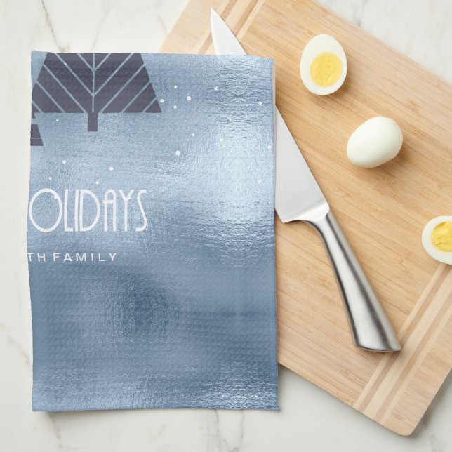 Linge De Cuisine Arbres de Noël et flocons de neige Blue ID863 (Quart Plié)