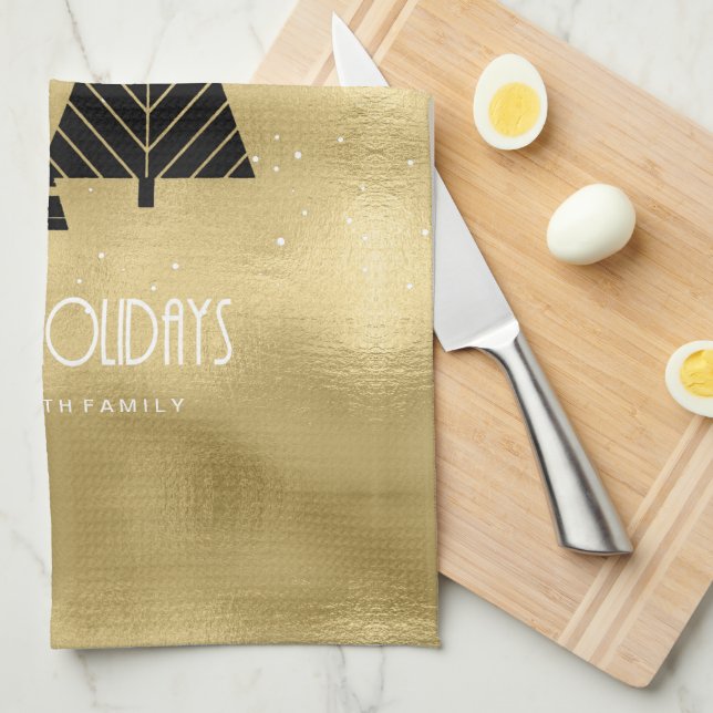 Linge De Cuisine Arbres de Noël et flocons de neige Gold ID863 (Quart Plié)