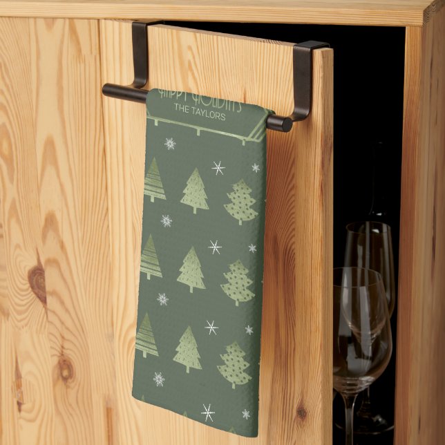 Linge De Cuisine Arbres de Noël et Snowflakes Motif Green ID863 (Pliage en tiers)