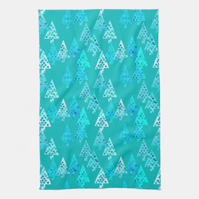 Linge De Cuisine Arbres de Noël modernes de fleur - turquoise (Vertical)