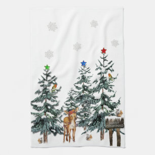 Linge De Cuisine Arbres de Noël Oiseaux de Cerfs Flammes de neige h