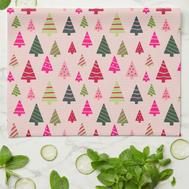 Linge De Cuisine Arbres de Noël roses et verts  (Plié)