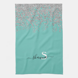 Linge De Cuisine Argent fillette et Turquoise Monogram Aqua Étincel