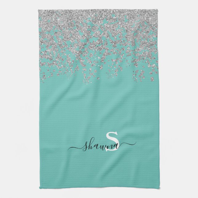 Linge De Cuisine Argent fillette et Turquoise Monogram Aqua Étincel (Vertical)