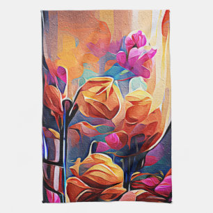 Linge De Cuisine Art Abstrait Floral Fleurs Orange Rouge Bleu