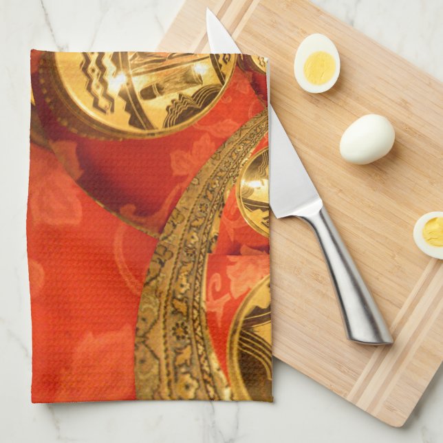 Linge De Cuisine Art Culturel Africain : Design Rouge Or Riche (Quart Plié)