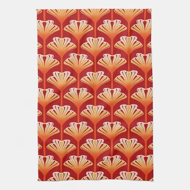 Linge De Cuisine Art Déco Lily, Tangerine Orange et Or (Vertical)