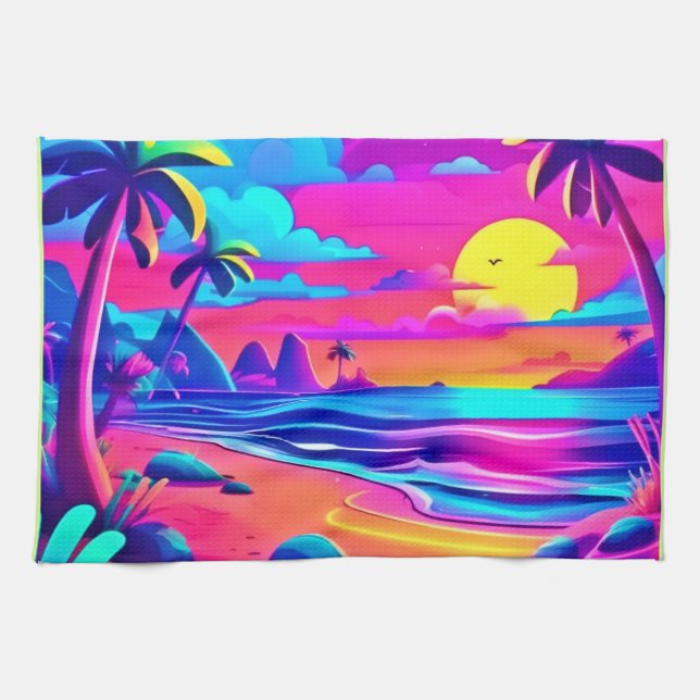Linge De Cuisine Art du coucher de soleil sur la plage de Neon (Horizontal)